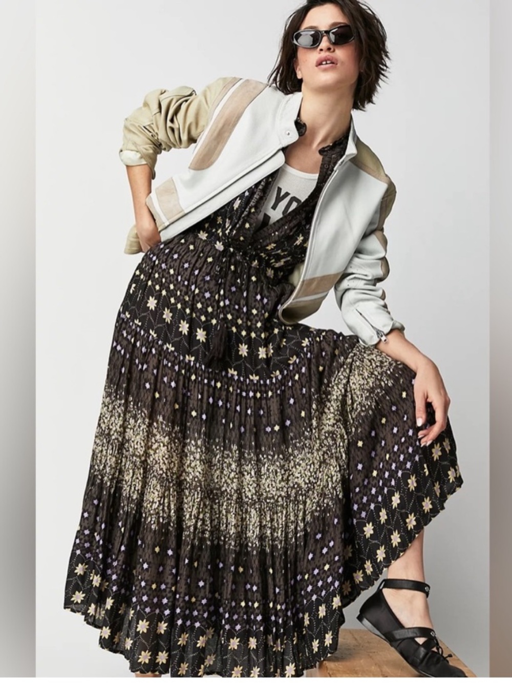 Free People Rare Feeling Pleated Maxi Dress In Cocoa Combo.